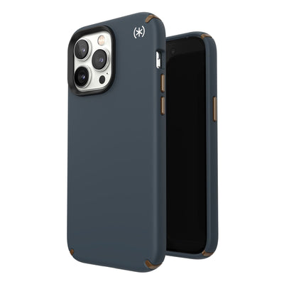 Three-quarter view of back of phone case simultaneously shown with three-quarter front view of phone case#color_charcoal-cool-bronze-white