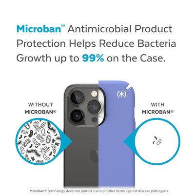 Back view, half without case, other with case, less germs on case - Microban antimicrobial product protection helps reduce bacteria growth up to 99% on the case.#color_grounded-purple-white