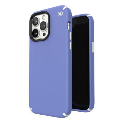 Three-quarter view of back of phone case simultaneously shown with three-quarter front view of phone case#color_grounded-purple-white