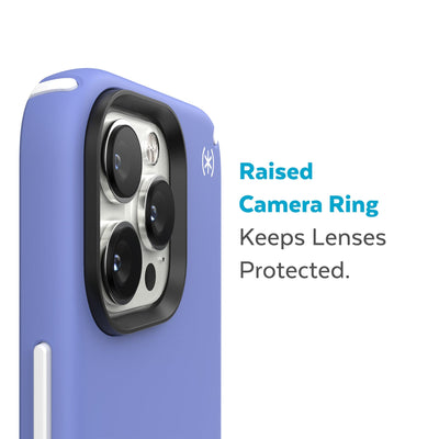 Slightly tilted view of side of phone case showing phone cameras - Raised camera ring keeps lenses protected.#color_grounded-purple-white
