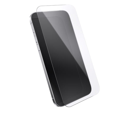 Three-quarter angled view device with screen protector hovering above screen.#color_clear