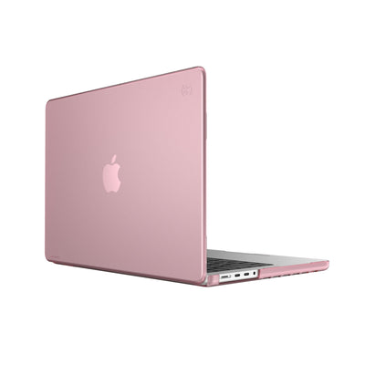 Three quarter view of the back of the MacBook with the laptop open.#color_crystal-pink