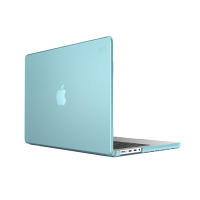 Three quarter view of the back of the MacBook with the laptop open.#color_swell-blue