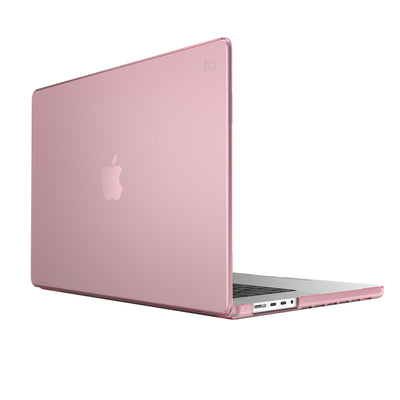 Three quarter view of the back of the MacBook with the laptop open.#color_crystal-pink