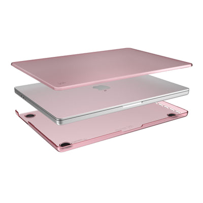 Computer case shown in layers, fitting on top and bottom of the MacBook.#color_crystal-pink
